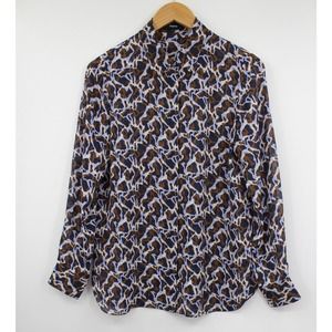 Theory Silk Shirt‎ Womens Small Classic Straight Button Up Shirt Blue Brown